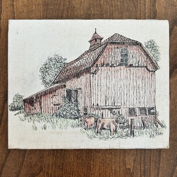 Vtg 1987 Original Ink & Watercolor Canvas Red Barn Cow Unframed Artist Signed - Picture 1 of 11
